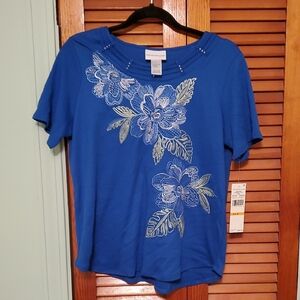Alfred Dunner Blue Floral Short Sleeve Top